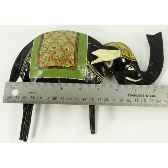 Good Luck Trunk Up Elephant Metal Black Sculpture Folk Art Style Hand Painted - Picture 7 of 8